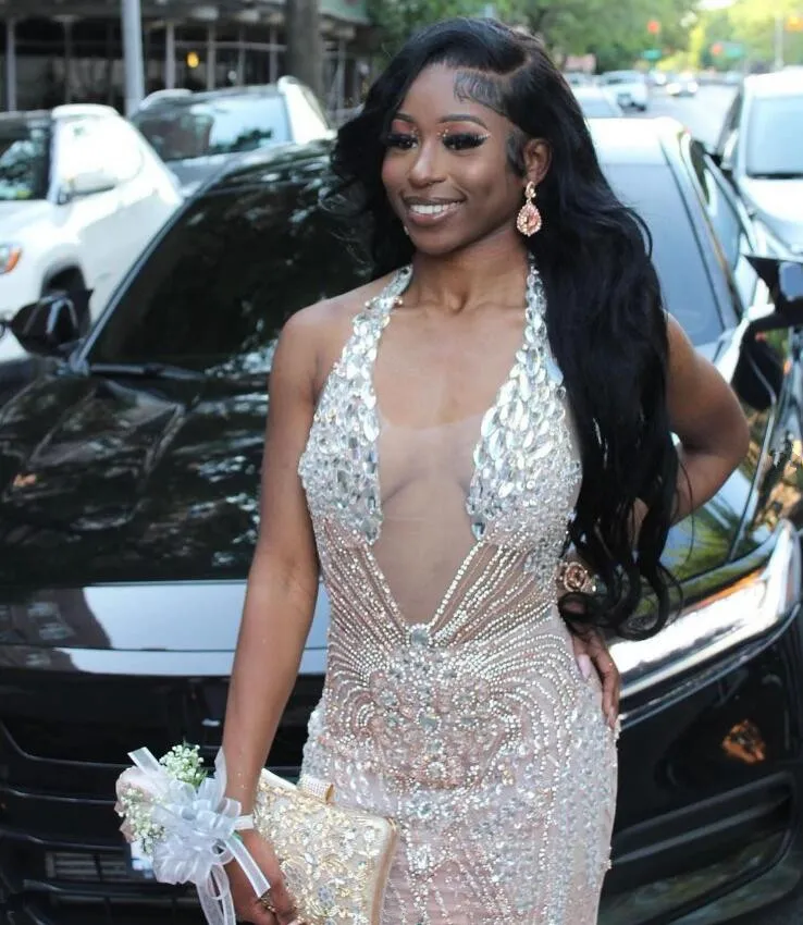 Silver Champagne Long Evening Party Dresses for Women Sparkly Diamond Crystal Black Girl Prom Birthday Formal Dress