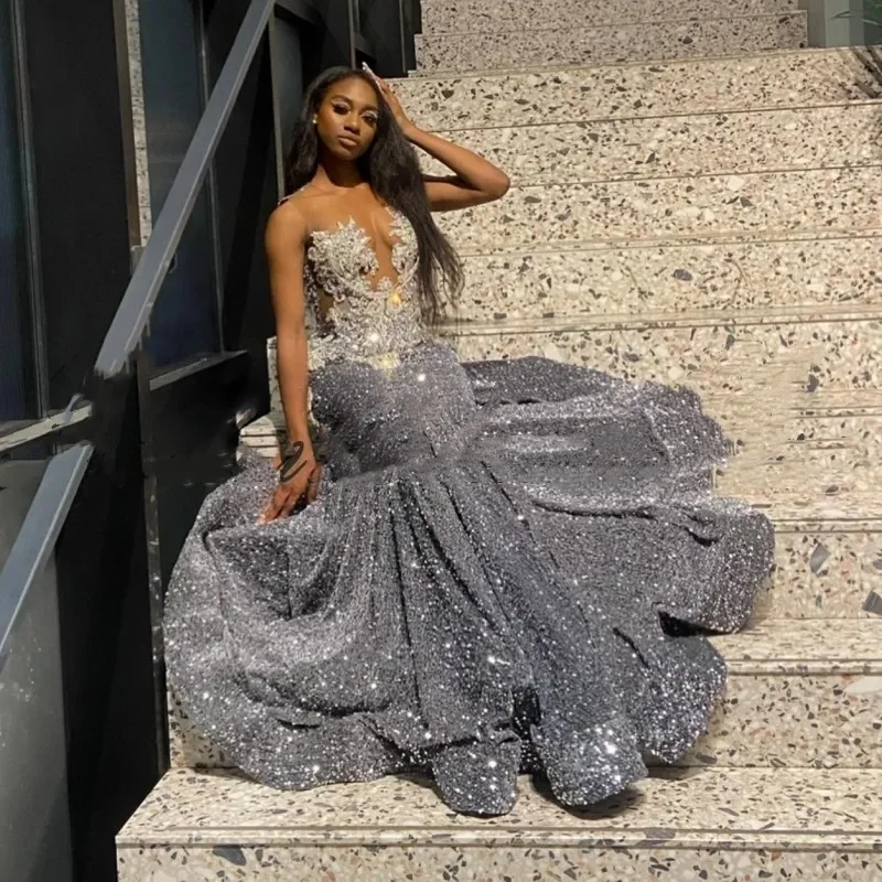 Sparkle Silver Mermaid Prom Dresses For Women Crystal Sequin Sheer Neck Evening Birthday Party Gowns