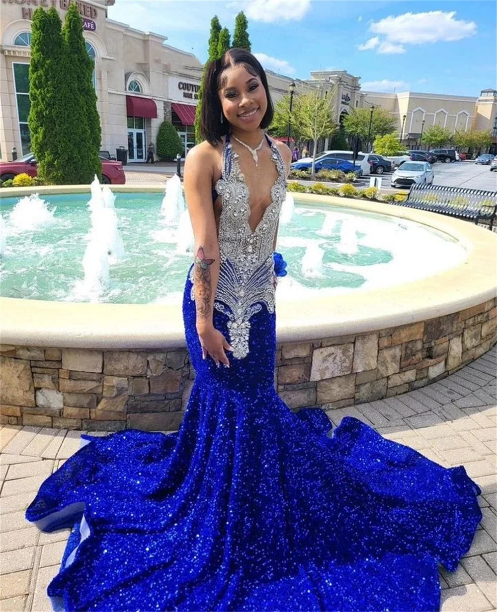 Glitter Royal Blue Sequin Mermaid Prom Dresses Sexy Halter Neck For Black Girls Cocktail Birthday Party Gowns