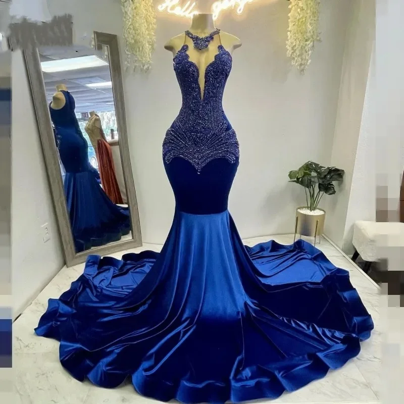 Sexy Royal Blue Velvet Gala Mermaid Prom Dresses For Black Girls Crystal Evening Birthday Party