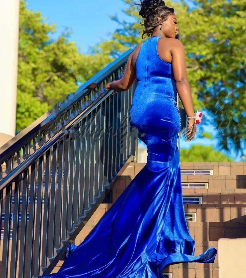 Sexy Royal Blue Velvet Gala Mermaid Prom Dresses For Black Girls Crystal Evening Birthday Party