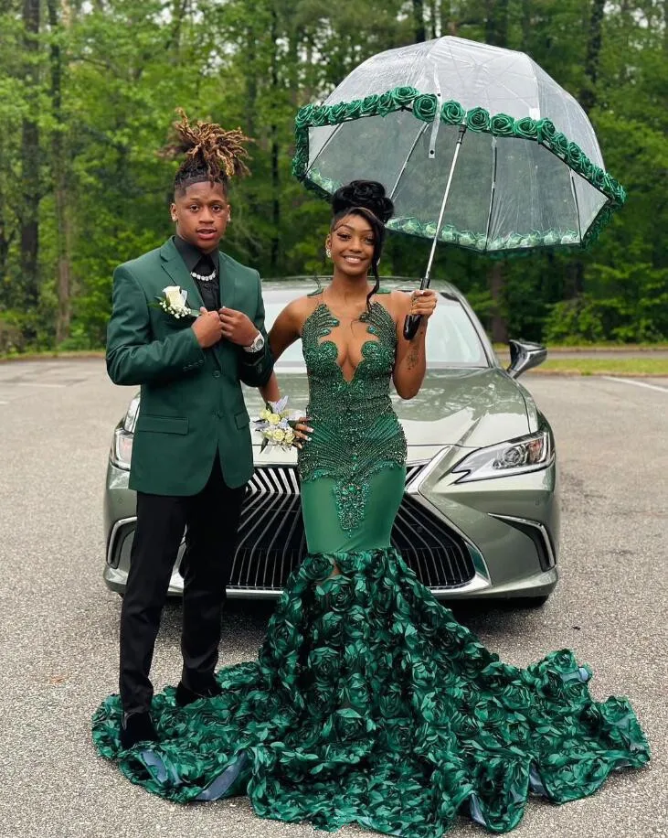 Hunter Green Long Prom Dresses For Black Girls Luxury Crystal Beaded African Birthday Queen Gown
