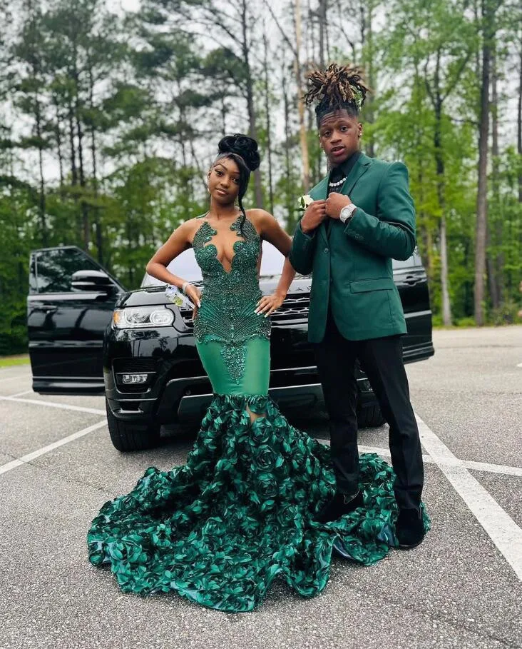 Hunter Green Long Prom Dresses For Black Girls Luxury Crystal Beaded African Birthday Queen Gown