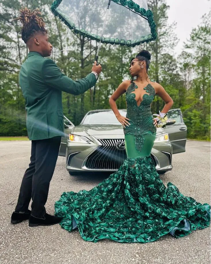 Hunter Green Long Prom Dresses For Black Girls Luxury Crystal Beaded African Birthday Queen Gown