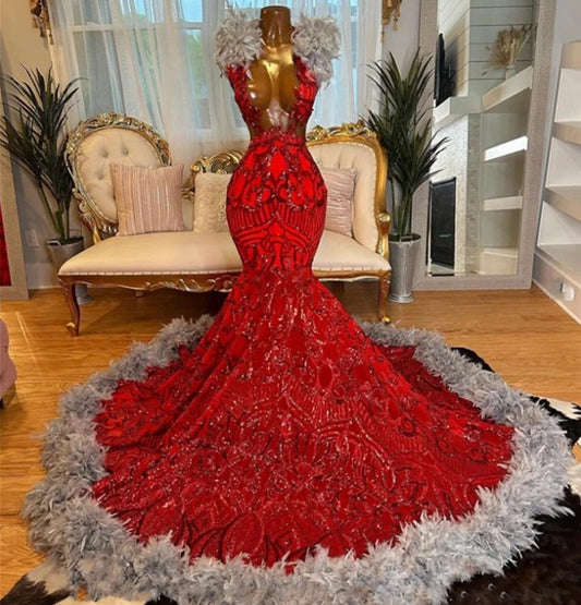 Luxury Red Sequined Lace Grey Feather Prom Dresses For Birthday Party Mermaid Black Girls Evening Dresses Wedding