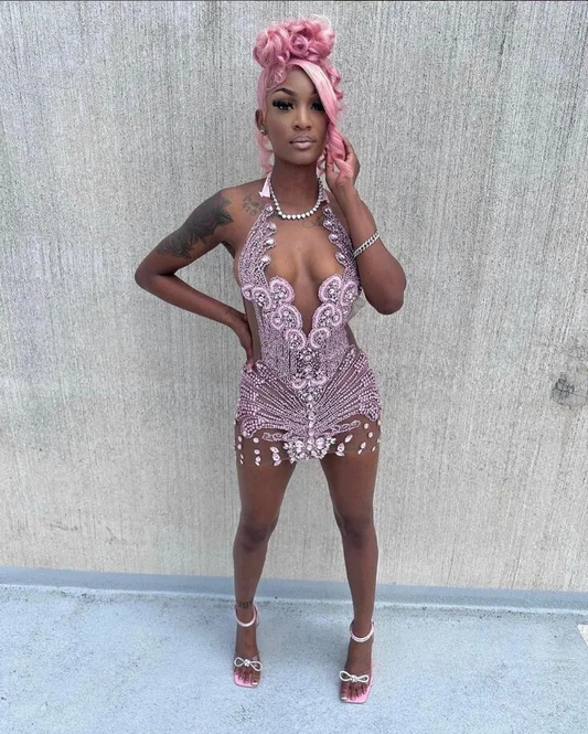 Pink Sparkly Short Prom Homecoming Dress Luxury Diamond Crystal Sheer Mesh Black Girl Evening Gown