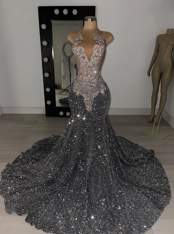 Silver Grey Diamond Mermaid Long Prom Dresses for Women Sparkly Crystal Velvet Evening Pageant Gown