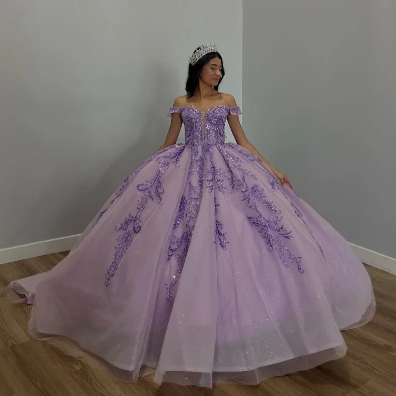 Lavender Shiny Quinceanera Dresses Ball Gown Sequins Off Shoulder Beaded Sweet 16 Dress Lace-up