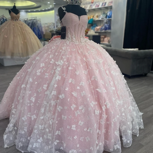 Pink Shiny Spaghetti Strap Princess Quinceanera Dresses Beads Crystal Bow Sweet Lace-Up 16 Dress