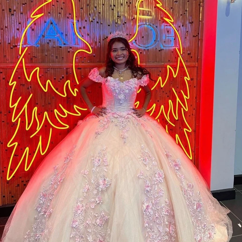 Pink Shiny Lace Ball Gown Quinceanera Dress Applique 3D Flower Beaded Sweetheart Sweet 16 Dress Lace-up