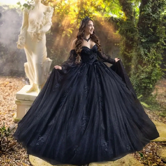 Black Quinceanera Dresses Detachable Sleeves Sweet 15 16 Girls Brithday Party Gown Puffy Skirt Princess Long Evening