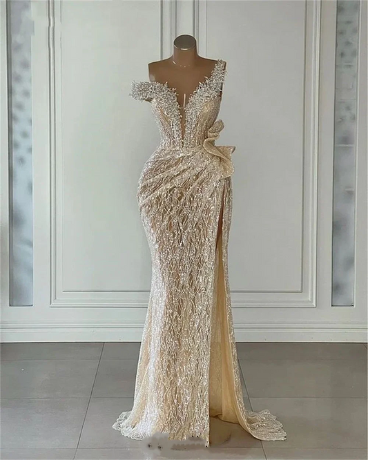 Sparkly Light Champagne Sequins Prom Gowns Beading Mermaid Off Shoulder Evening Party Dresses Women Pageant Formal Dress