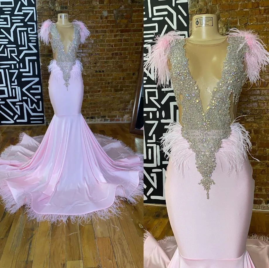 Pink Feather Mermaid Evening Prom Dress For Women Sparkly Crystal Beaded Party Birthday Gown Chapel Train