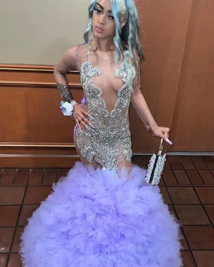 Lavender Purple Mermaid Prom Dress for Women Ruffles Bottom Silver Crystal Birthday Dresses Sheer Mesh