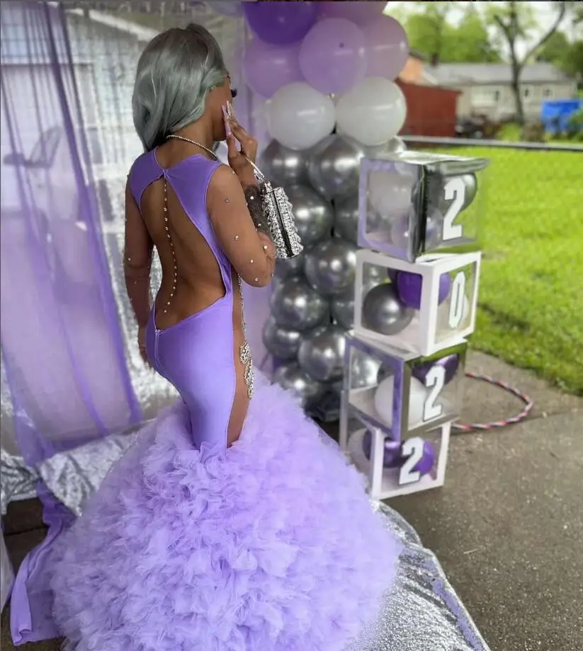 Lavender Purple Mermaid Prom Dress for Women Ruffles Bottom Silver Crystal Birthday Dresses Sheer Mesh