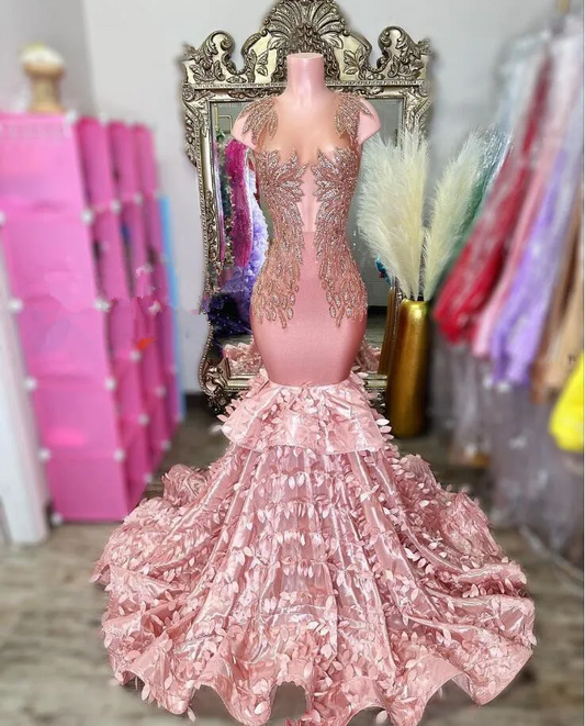 Sparkling Peach Pink Long Evening Dress For Women Luxury Diamante 3D Floral Embroidery Ruffle Dresses For Formal Occasions