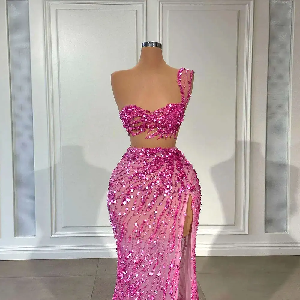 Shiny Evening Dresses Sequined Mermaid Prom Gowns Side Split Sleeveless Custom Made Special Occasion