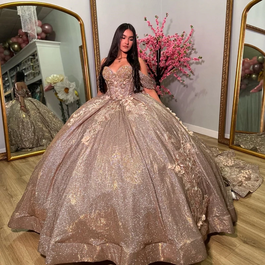 Gold Shiny Sweetheart Quinceanera Dress Off the Shoulder Florals Flowers Lace Beads Sweet 16 15 Dress