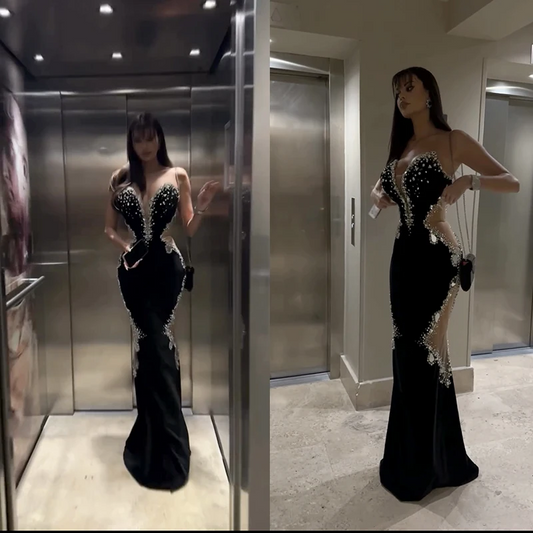 Women's Black Strapless Diamond Mesh Sexy Celebrity Cocktail Party Long Dress