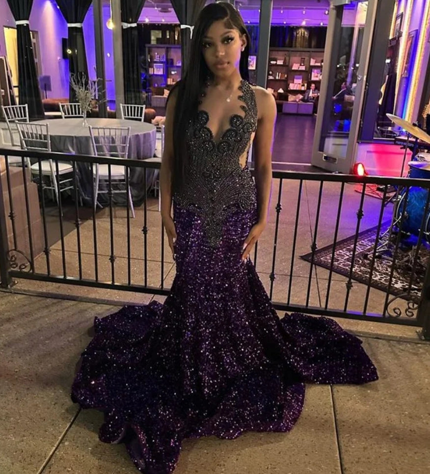 Sparkly Diamonds Purple Long Prom Dress For Black Girls Beads Crystals Rhinestones Birthday Party Reception