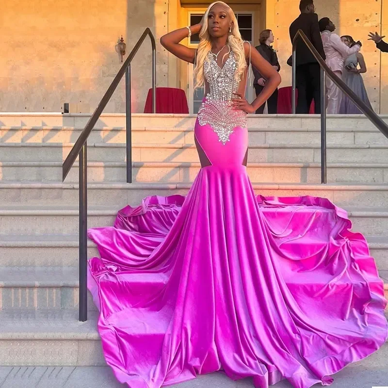 Rose Velvet Mermaid Prom Dresses For African Women Crystals Beads Black Girls Long Aso Ebi Plus Size Evening Occasion Gowns