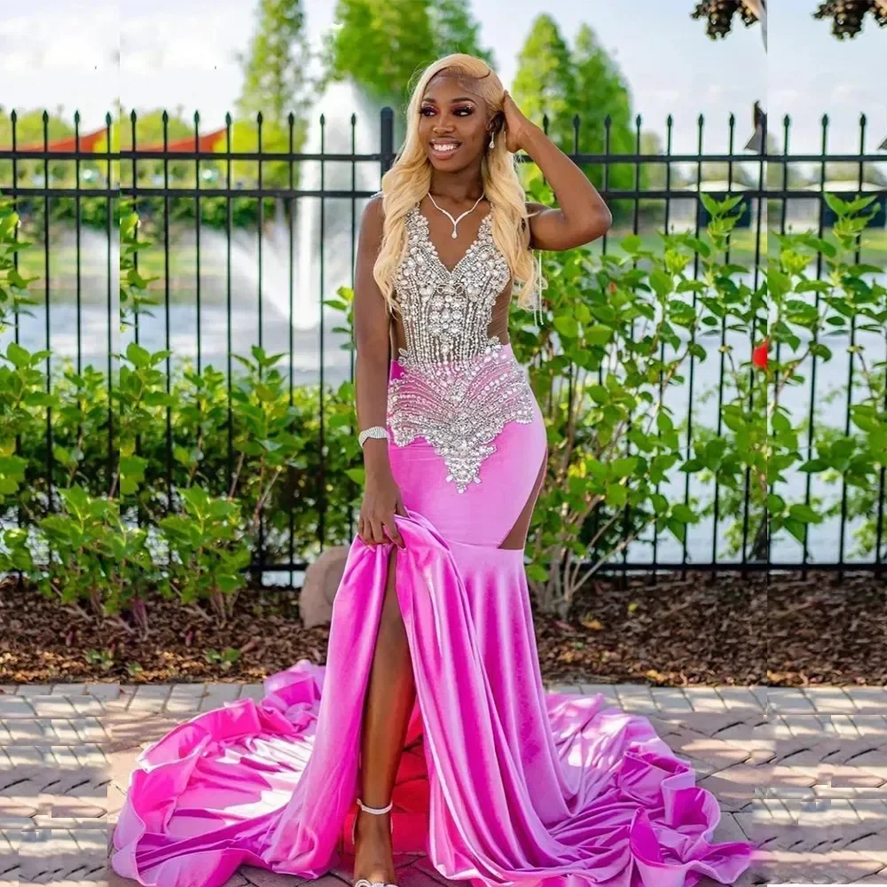 Rose Velvet Mermaid Prom Dresses For African Women Crystals Beads Black Girls Long Aso Ebi Plus Size Evening Occasion Gowns