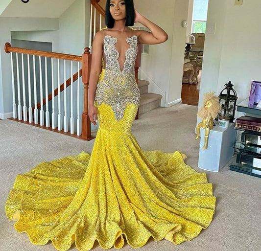 Sparkly Yellow Mermaid Prom Dress Beads Crystal Rhinestones Graduation Party Dress Birthday Wedding Reception