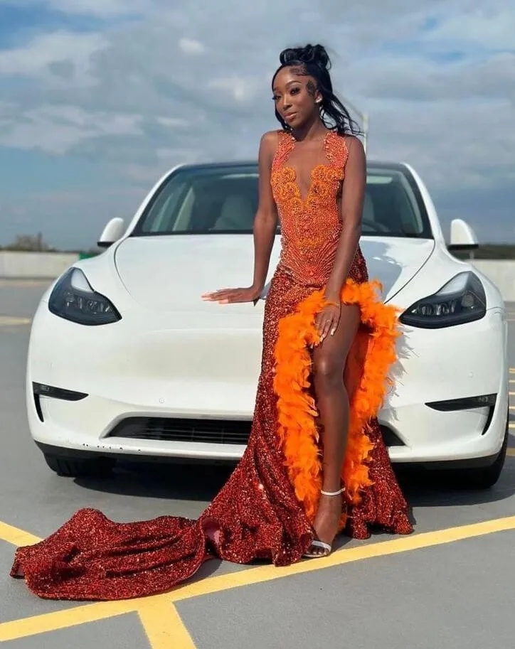 Orange Sparkly Long Evening Birthday Dresses for Black Girl Gillter Diamond Feather Velvet Prom Gown