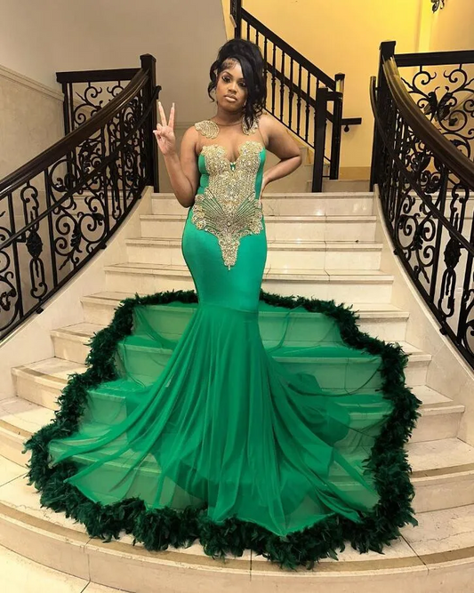 Sparkly Long Green Mermaid Prom Party Dresses for Black Girl Luxury Crystal Feahter Sheer Evening Birthday Gown
