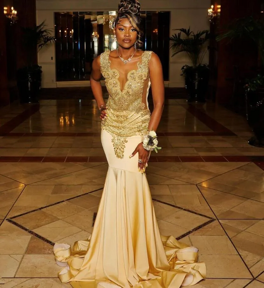 Gold Sparkly Long Prom Ceremony Party Dresses for Black Girl Luxury Diamond Crystal Evening Gown