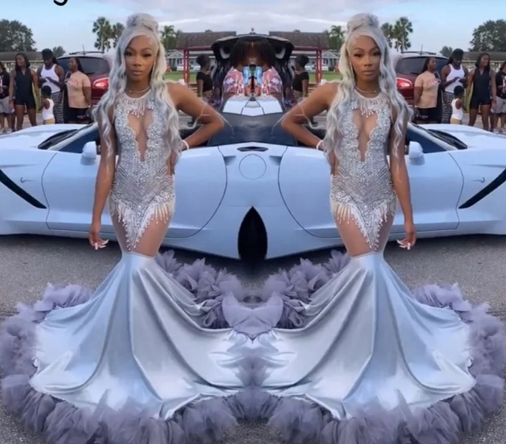 Sexy Silver Prom Dress For Black Girl Glitter Beads Crystals Rhinestones Birthday Party Evening Gown