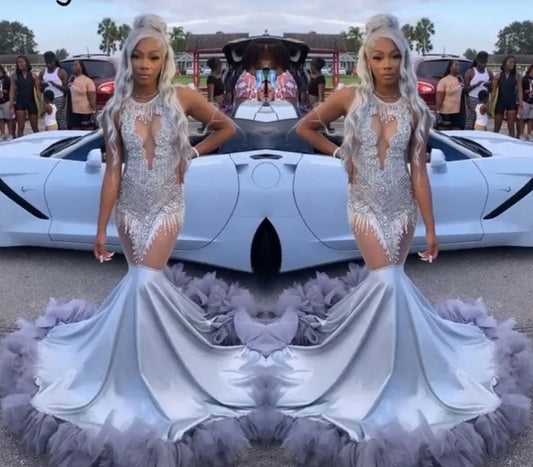 Sexy Silver Prom Dress For Black Girl Glitter Beads Crystals Rhinestones Birthday Party Evening Gown
