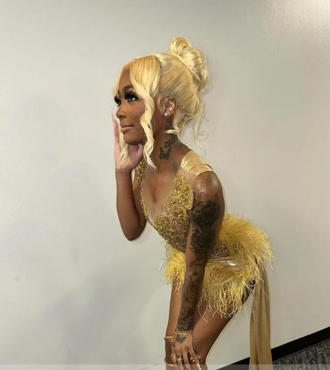 Sparkly Long Golden Diamonds Prom Dresses For Black Girls Glitter Beading Crystals Rhinestones Feathers Birthday Party