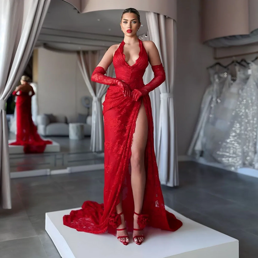 Sexy High Slit Red Lace Prom Dresses Long Halter Women Evening Dress Backless Lace Formal Party Dresses