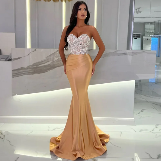 Luxury Beading Gold Mermaid Evening Dresses For Women Party Gowns Sweetheart Draped Satin Prom