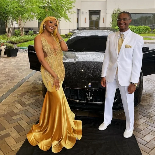Luxurious Glitz Golden Mermaid Prom Dress Beading Black Girls Evening Gown Velvet Formal Occasion Beaded Lace Party