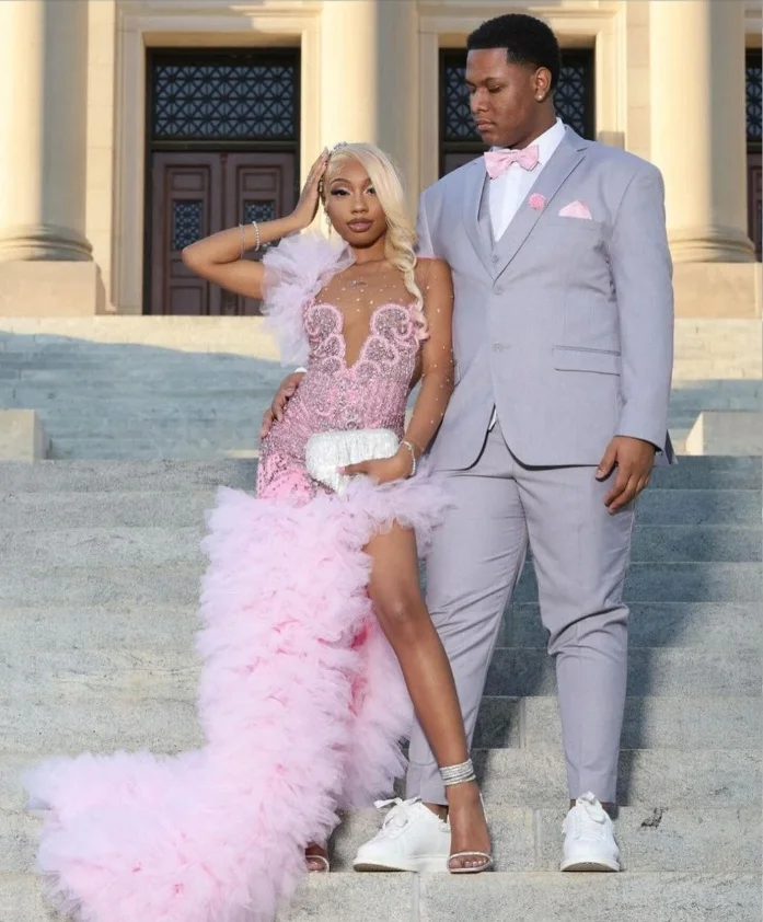 Long Sleeve Pink Ruffle Mermaid Prom Dresses Sparkly Rhinestones Beaded Black Girls Side Slit Luxury Long Prom Gala Gowns