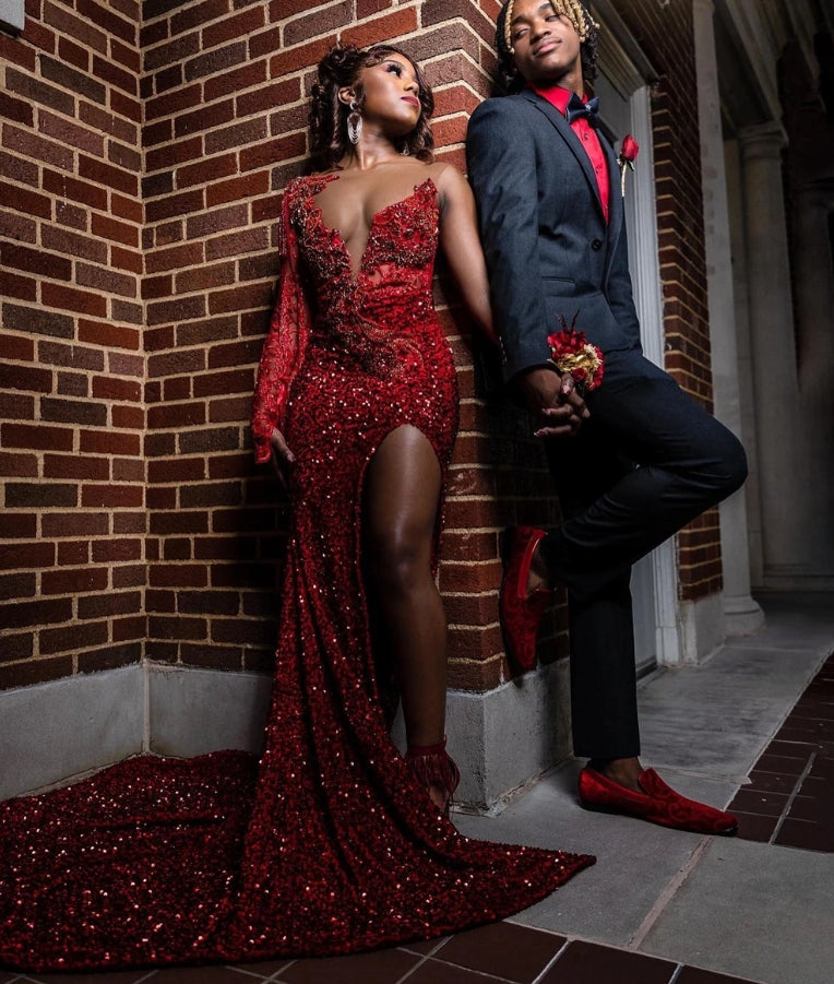 Red One Shoulder Long Sleeve Sequin Mermaid Prom Dresses Beaded Appliques Birthday Dress For Black Girl Luxury Cocktail