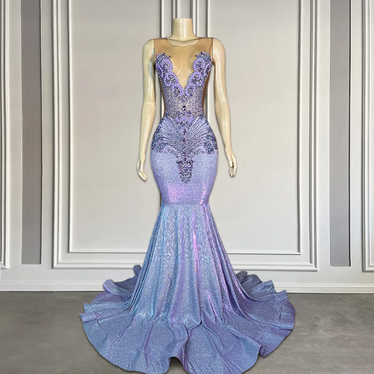 Light Purple Rhinestones Sheer O Neck Prom Dresses Luxury Glitter Lilac Long Black Girls Prom Gala Gowns