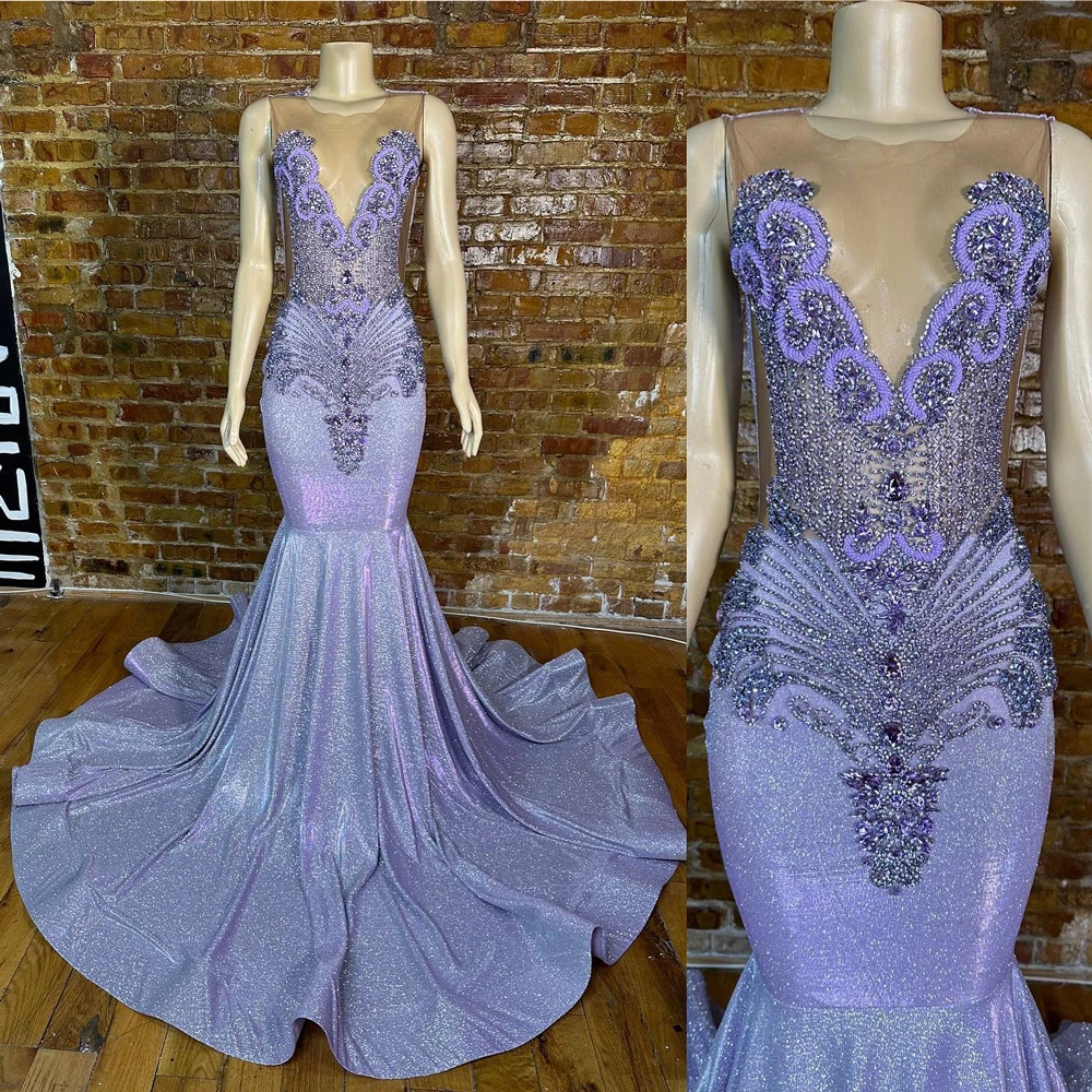 Light Purple Rhinestones Sheer O Neck Prom Dresses Luxury Glitter Lilac Long Black Girls Prom Gala Gowns