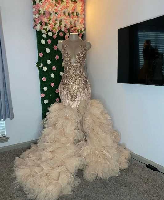 Sexy Champagne Mermaid Prom Dress Luxury Diamante Appliqué High Split Lace Black Girl Queen Dress
