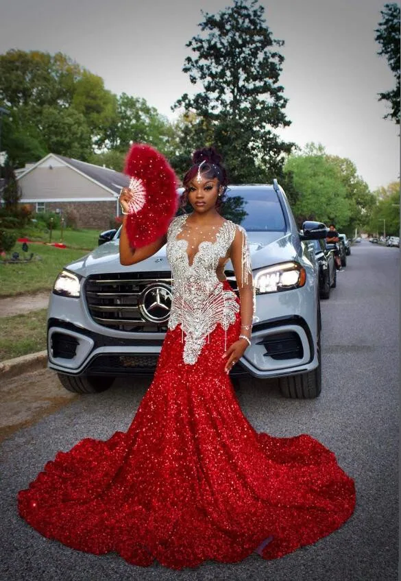 Red Sparkly Long Mermaid Prom Occasion Party Dresses for Black Girl Luxury Diamond Velvet Evening Birthday Gala Dress