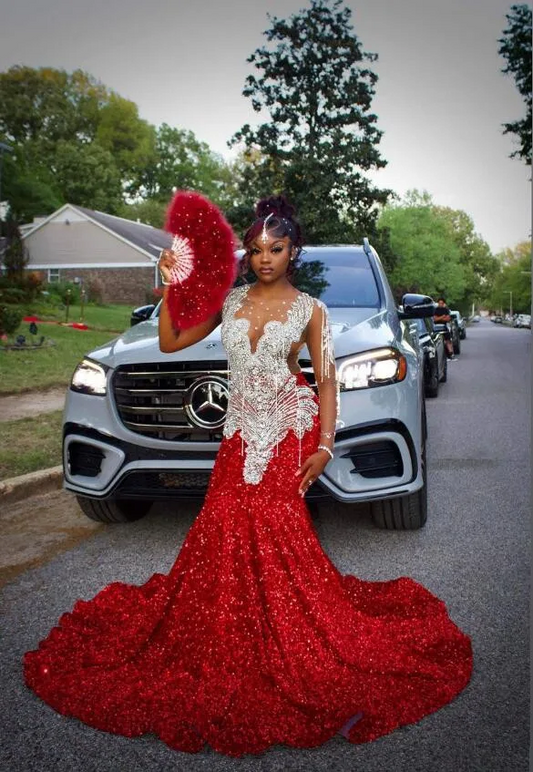 Red Sparkly Long Mermaid Prom Occasion Party Dresses for Black Girl Luxury Diamond Velvet Evening Birthday Gala Dress