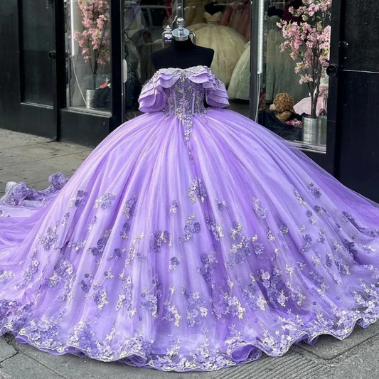 Princess Lilac Quinceanera Dresses Flowers Sweet 16 Dress Ball Gown Part Prom Wear Lace Up
