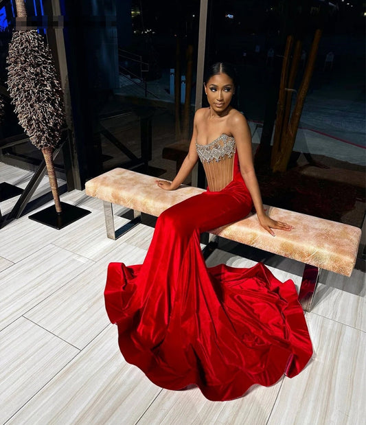 Red Velvet Sliver Beaded Strapless Prom Dresses Luxury Gowns Mermaid Dress For Party Wedding Evening Sexy Formal Gowns