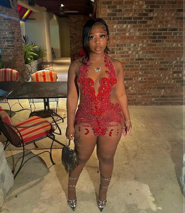 Halter Red Crystals Beaded Short Prom Dresses Stunning See Through Mesh Black Girls Birthday Party Gown