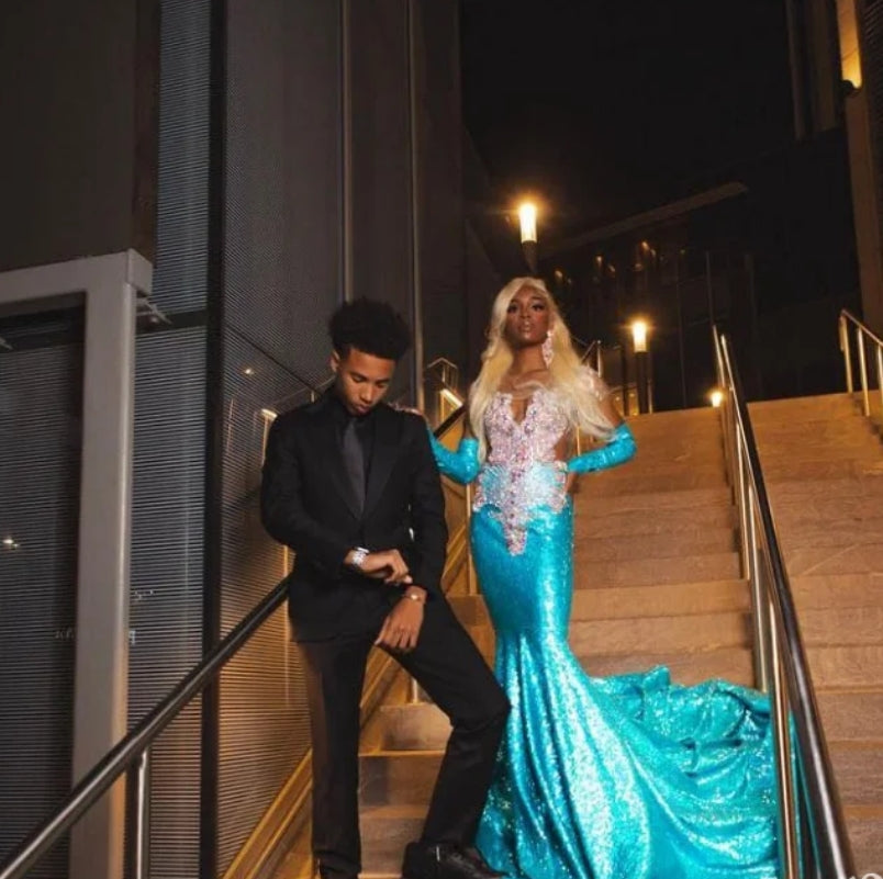 Sparkling Mermaid Prom Dress Luxury Diamond Applique Beaded Black Girls Birthday Party