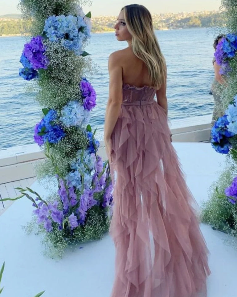 Sexy Strapless Edge Curl فساتين السهرة Glaring Dusty Pink Vestidos De Noche Lace On Chest Side High Split Prom Dress