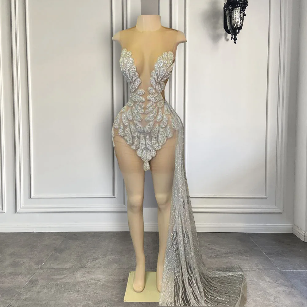 Sparkly Luxury Prom Dresses See Through Silver Glitter Beaded African Black Girl Short Prom Birthday Prom Party Gowns