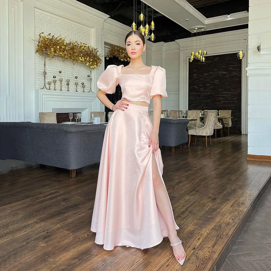 Pink Satin Evening Dresses Short Sleeves Two Pieces Prom Dresses Square Collar Prom Gowns Slit